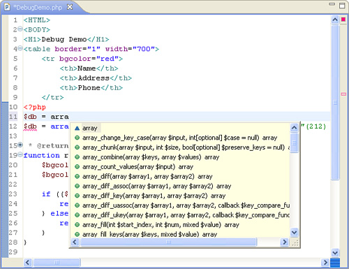 The PHP code editor with the code assistant pop-up shown.