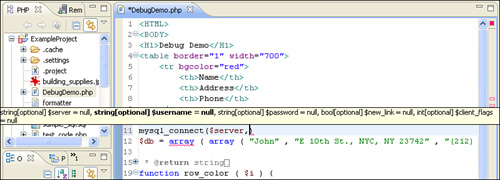 The PHP code editor with the code assistant helping on function parameters.