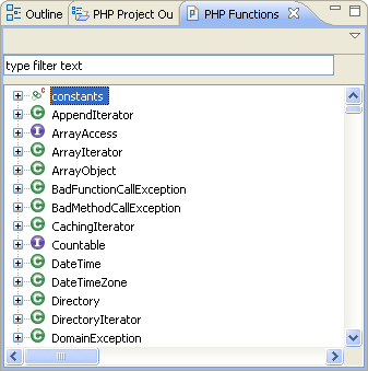 List of functions in the PHP Functions view.