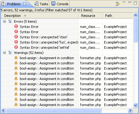 Errors and warnings across two files in the Problems view.