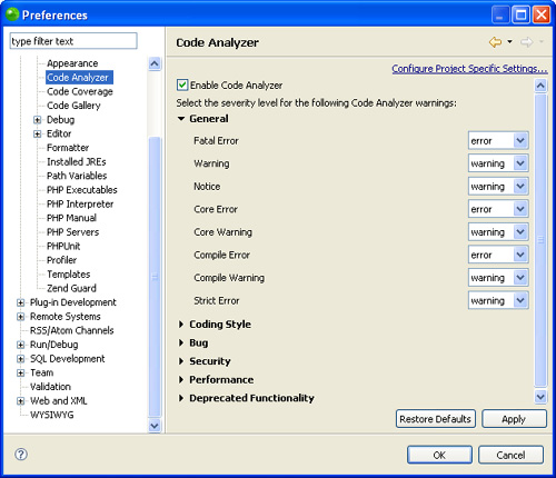 Options in the Code Analyzer configuration window.