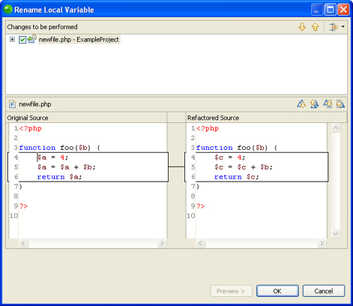 Code and comment preview window for refactoring.