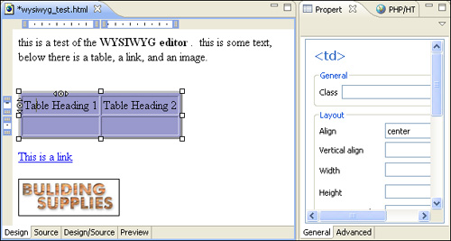 The Design tab of the PHP/ HTML WYSIWYG Editor.