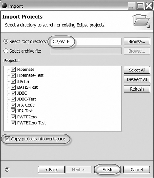 Import Projects screen.