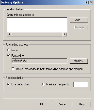 Delivery Options are accessed from the Exchange General tab in Active Directory Users and Computers.