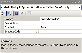 Code activity property window.