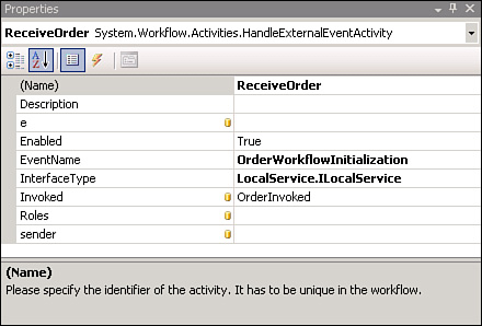 The ReceiveOrder activity’s properties.