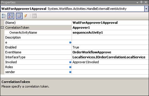 WaitForApprover1Approval activity configuration including correlation settings.