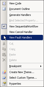 Workflow menu with View Fault Handlers choice.