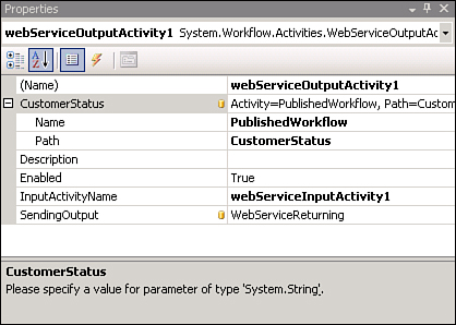 WebServiceOutput activity configured property window.