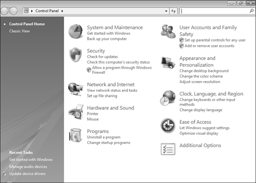 The Windows Vista Control Panel offers new categories and links to frequently used applets.