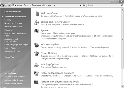 The System and Maintenance category includes basic system-related configuration tasks.