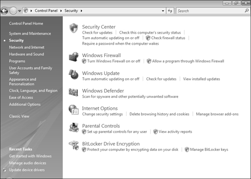 The Security category includes a large range of system-related configuration applets.