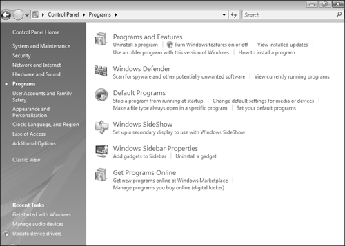 The Programs category helps you manage applications on your computer.