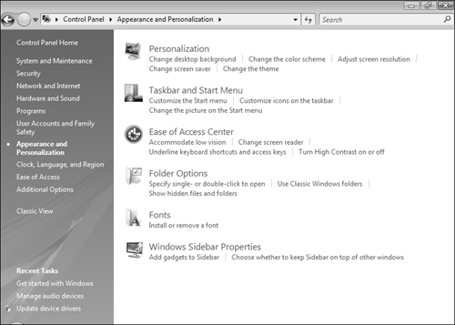 The Appearance and Personalization category enables you to configure appearance-related options.