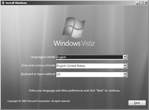 The Install Windows dialog box offers options for language, time and currency, and keyboard or input method.