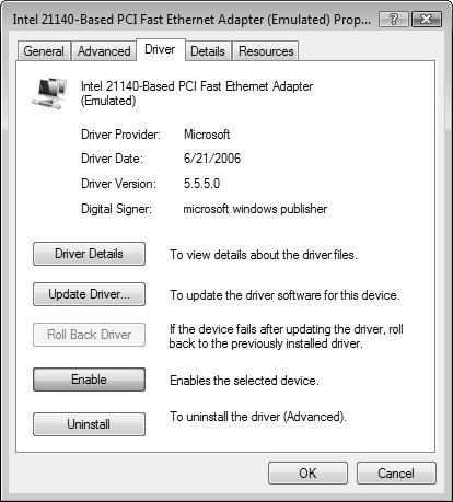 The Driver tab informs you whether the adapter is disabled.