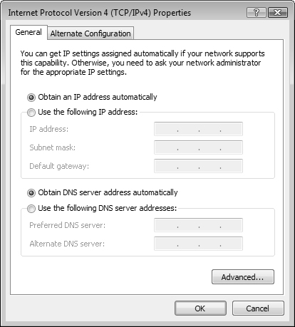 The Internet Protocol (TCP/IP) Properties dialog box shows how the network adapter’s IP address is configured.