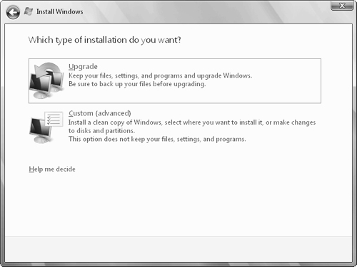 The Which Type of Installation Do You Want? page offers you a choice between upgrading and performing a clean installation.