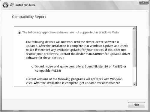 The Compatibility Report screen describes items that might be incompatible with the upgrade to Windows Vista.