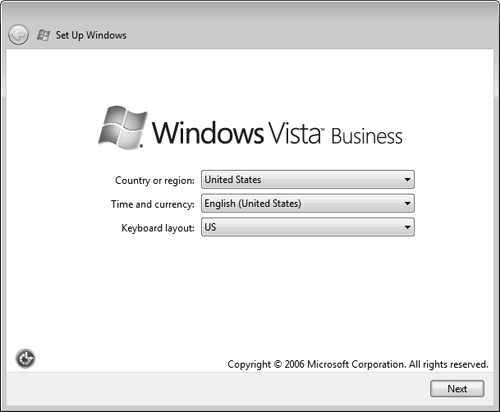 The Set Up Windows dialog box enables you to select your country or region, time and currency, and keyboard layout.