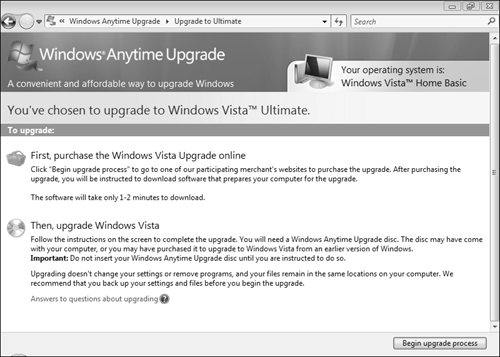 This window provides instructions on how to upgrade your Vista installation.