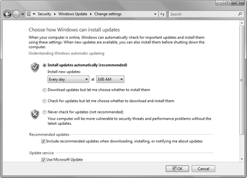 The Choose How Windows Can Install Updates dialog box provides four options for configuring automatic updates.