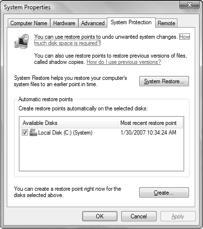 The System Protection tab of the System Properties dialog box includes a System Restore option.