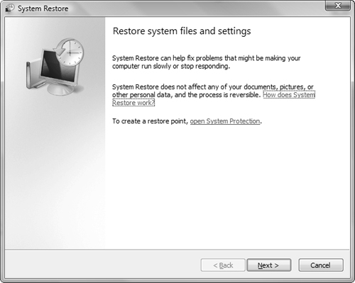 The System Restore dialog box enables you to perform a System Restore.