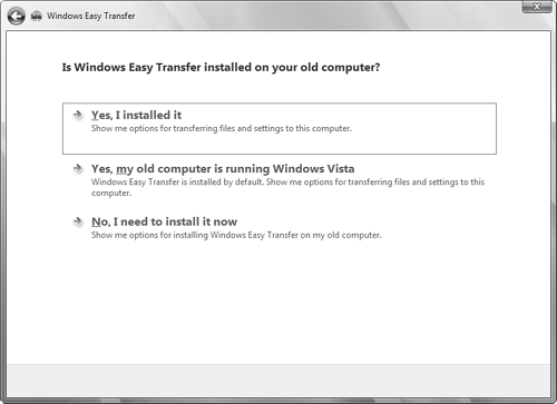 The Windows Easy Transfer Wizard provides three options for accessing the old computer.