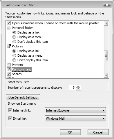 You can configure which items appear on the Start menu from the Customize Start Menu dialog box.