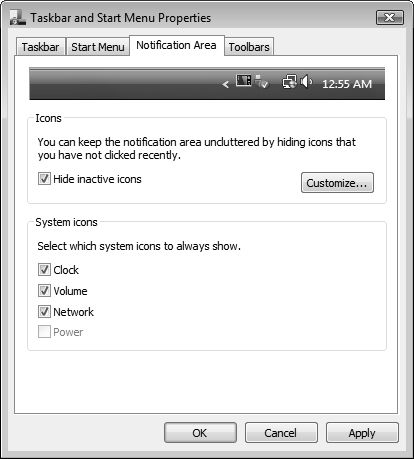 The Notification Area tab enables display of icons in the notification area.