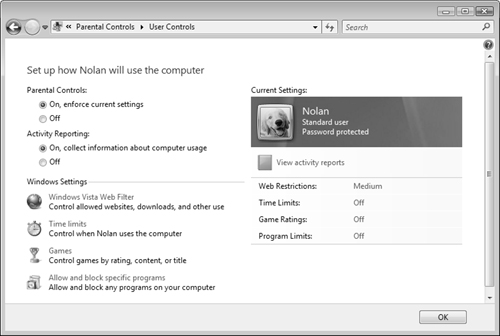 The Parental Controls dialog box enables you to configure any of the four types of controls.