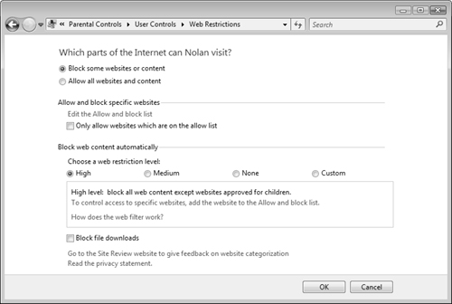 You have several options for specifying what types of Web content should be blocked.