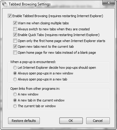 The Tabbed Browsing Settings dialog box enables you to configure additional options related to tabbed browsing or disable tabbed browsing entirely.