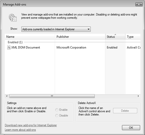 You can view and manage Internet Explorer add-ons from the Manage Add-Ons dialog box.