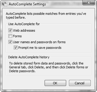 You can specify which types of entries are completed from the AutoComplete Settings dialog box.