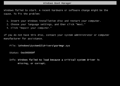 When an essential startup file is corrupted, Windows Boot Manager displays an error similar to this one.