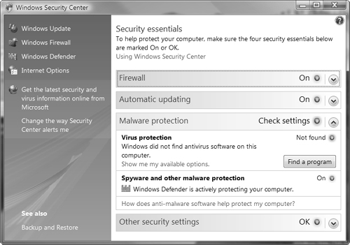 You can configure many security options from the Windows Security Center.