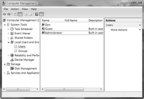 Computer Management provides administration options for both local user accounts and local groups.