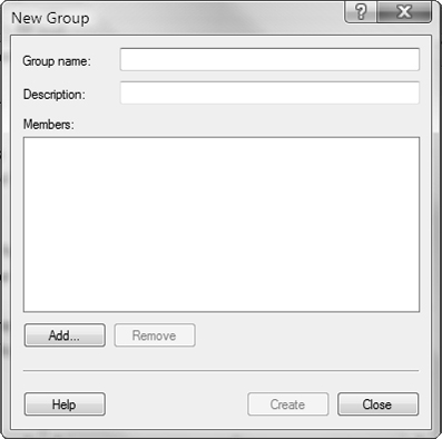 The New Group dialog box enables you to name, describe, and add members to a group.