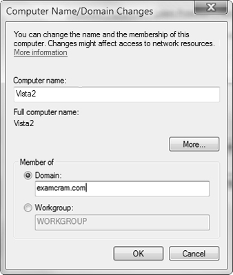 The Computer Name/Domain Changes dialog box enables you to join an Active Directory domain.