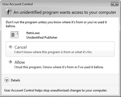 When a program that does not have a digital signature attempts to run, UAC displays this prompt to an administrative user.