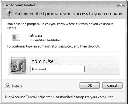 When a program that does not have a digital signature attempts to run, UAC displays this prompt to a non-administrative user.