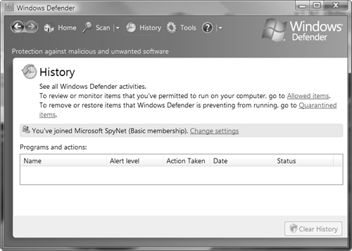 The Windows Defender History screen enables you to view recent Windows Defender actions.