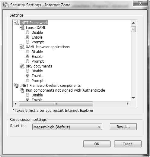 Individual security settings apply to an Internet zone for a custom security definition.