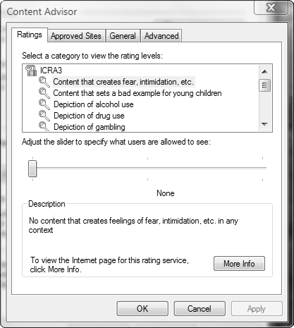 Content Advisor enables you to restrict Web browsing to sites rated at a level you approve.