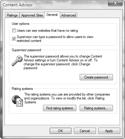 The General tab of the Content Advisor dialog box enables you to configure several user options.