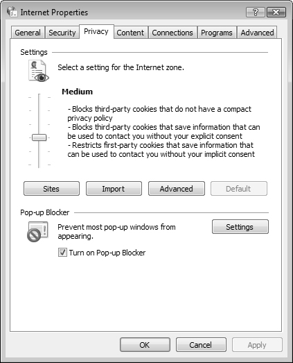 The Privacy tab enables you to configure cookie settings and the pop-up blocker.