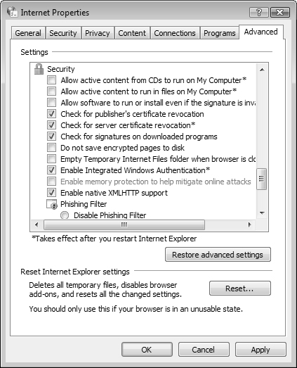 The Advanced tab contains a series of settings that affect the security of Internet Explorer 7.